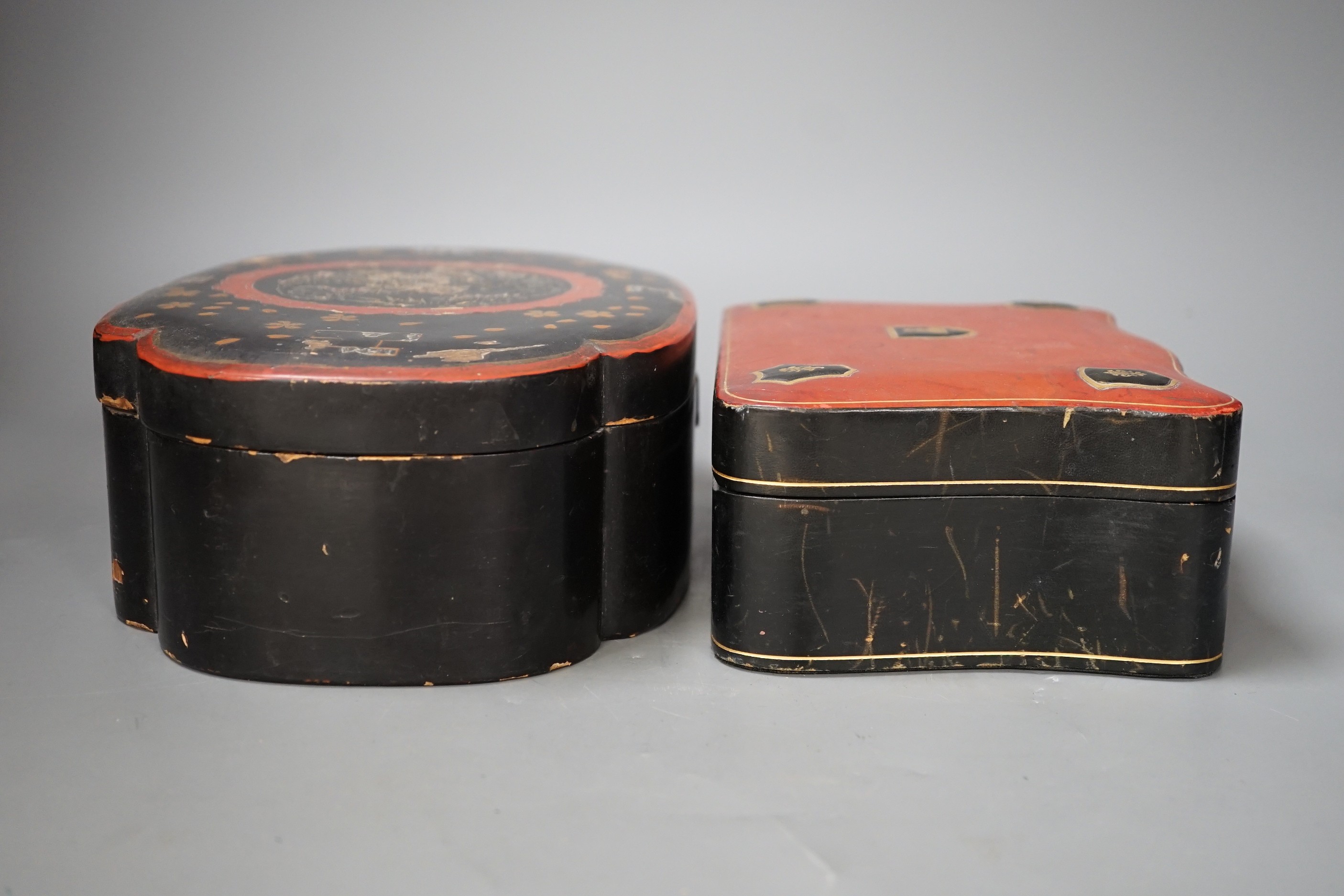 A French leather mounted serpentine glove box and a Japanese lacquer box. Largest 26.5cm wide